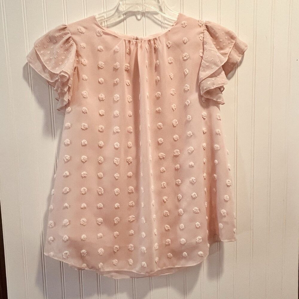 Davi&Dani Women's Pink Swiss Dot Chiffon Blouse Flutter Sleeve Lined Coquette Sm